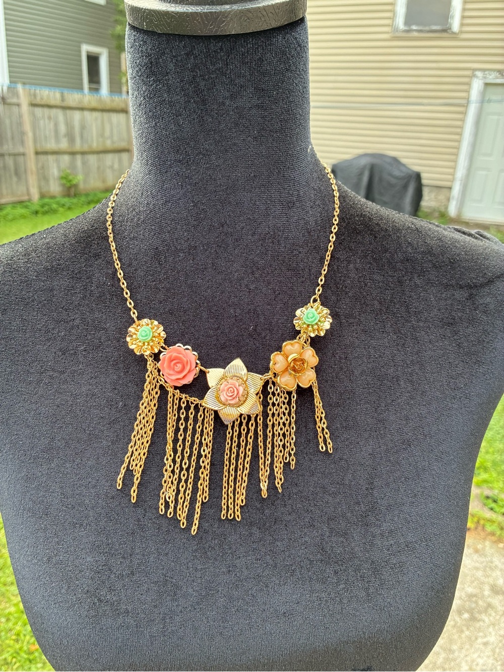 Gold Floral Fringe Necklace with Coral and Mint Flower Accents